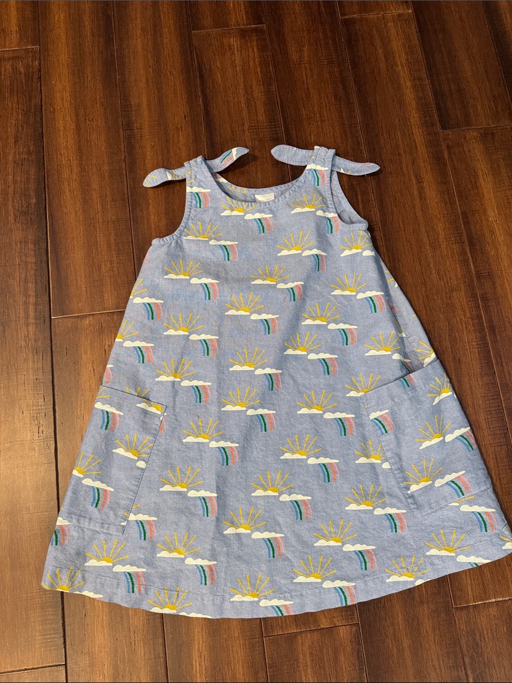Hanna Andersson Light Blue Sun & Rainbow Tie-Shoulder Dress